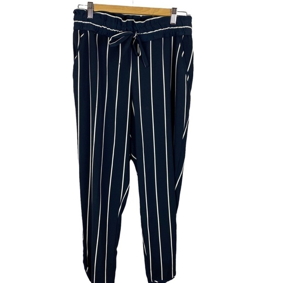 Zara TRF Striped Straight Leg Crop Trousers Drawstring Waist Medium Navy - Picture 2 of 12